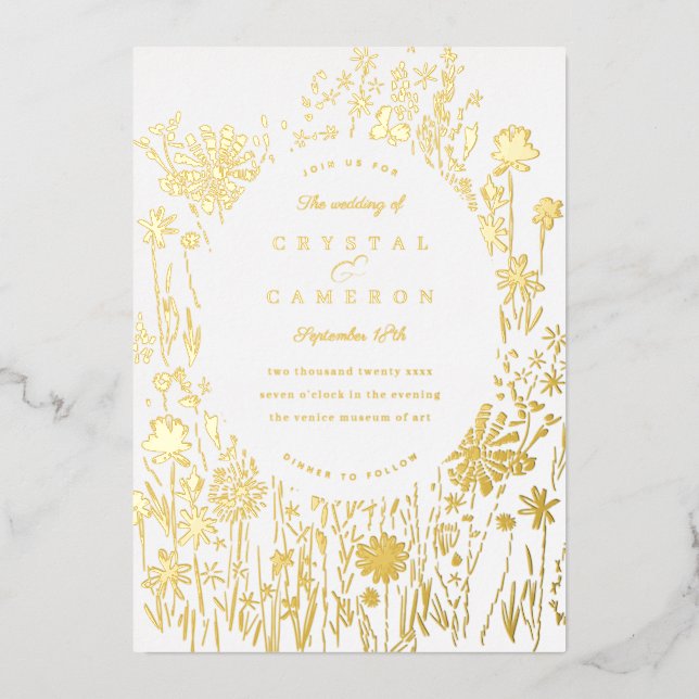 Invitation En Aluminium Fleur sauvage brodé Field Floral Meadow Gold (Recto)