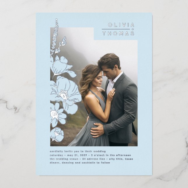 Invitation En Aluminium Fleur sauvage Elegant Dusty Blue Mariage photo (Recto)