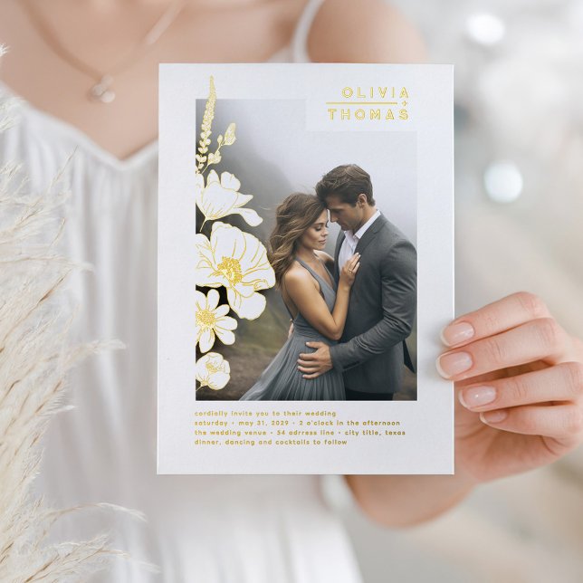 Invitation En Aluminium Fleur sauvage Élégant Mariage romantique photo (Gold Foil Flowers Wedding Photo Invitation)