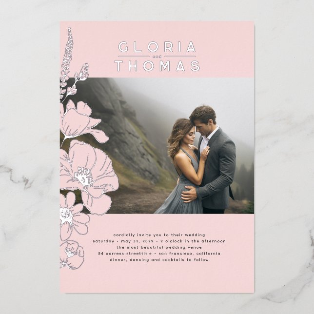 Invitation En Aluminium Fleur sauvage Élégant rose moderne Mariage photo (Recto)