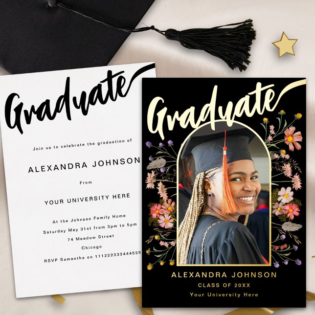 Invitation En Aluminium Fleur sauvage Grad Photo Graduation Party Script G (Boho floral graduate photo arch stylish gold foil calligraphy black graduation party invitation )