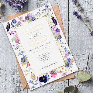 Invitation En Aluminium Fleur sauvage moderne Aquarelle Bleu Mariage or