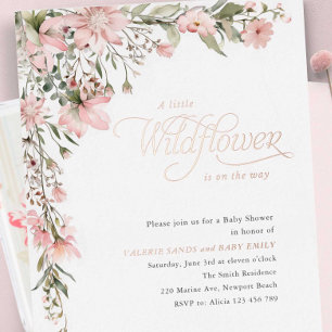 Invitation En Aluminium Fleur sauvage rose et verdure bébé fille douche