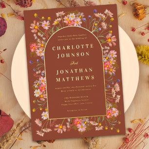 Invitation En Aluminium Fleur Sauvage Terracotta Orange Brûlé Or Automnal