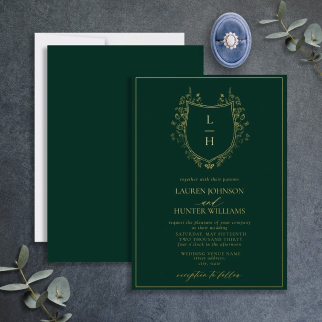 Invitation En Aluminium Fleur sauvage vert classique Monogram Crest Mariag (Créateur téléchargé)