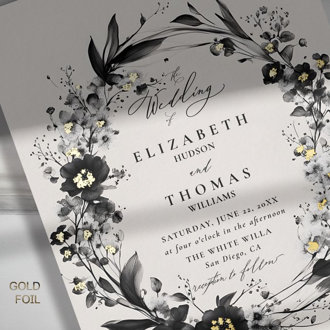 Invitation En Aluminium Fleur sauvage Wreath Or moderne mariage élégant (wildflowers wedding invitation black white floral wreath frame elegant modern romantic boho gold)