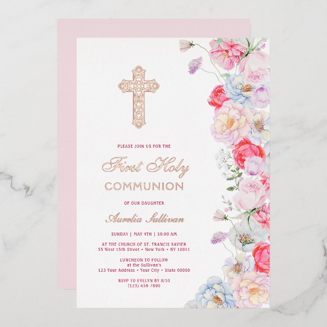 Invitation En Aluminium Fleurs à l'aquarelle Première Communion (Recto/Verso)