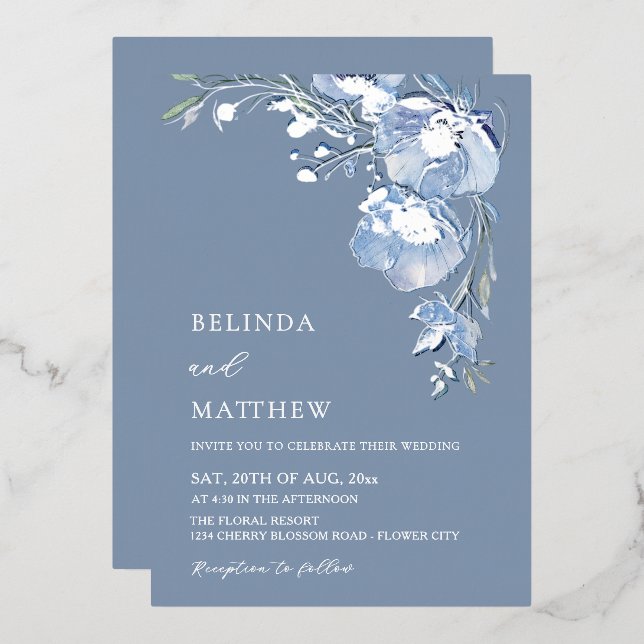 Invitation En Aluminium Fleurs aquarelle bleues Mariage décontracté (Recto/Verso)