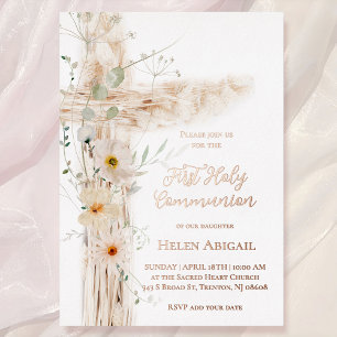 Invitation En Aluminium fleurs aquarelle croix Première Communion
