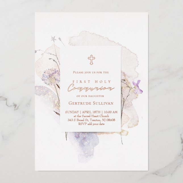Invitation En Aluminium fleurs aquarelle Première Communion (Recto)