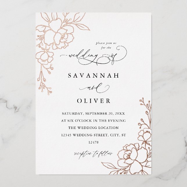 Invitation En Aluminium Fleurs blanches avec dorure, mariage noir et feuil (Recto)