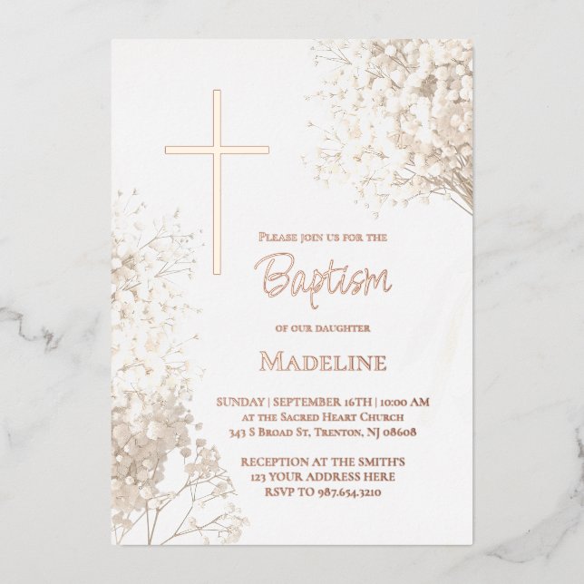 Invitation En Aluminium fleurs blanches de baby's breath Baptême (Recto)