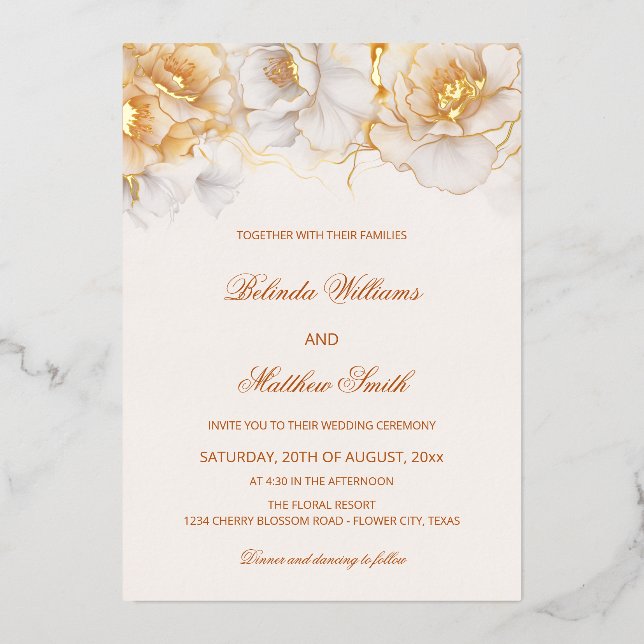 Invitation En Aluminium Fleurs blanches dorées (Recto)