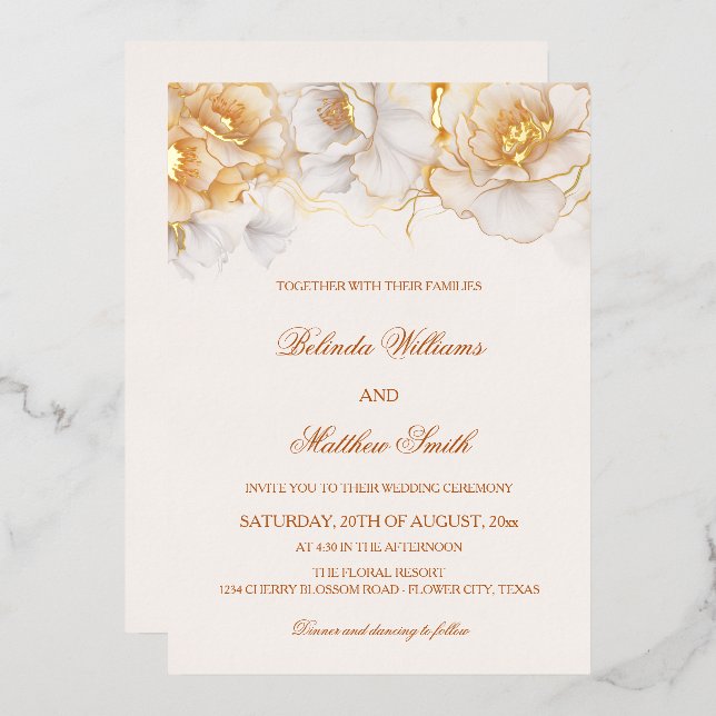 Invitation En Aluminium Fleurs Blanches Dorées (Recto/Verso)