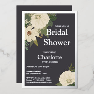Invitation En Aluminium Fleurs Blanches Élégantes Mariage Charbon de Bois