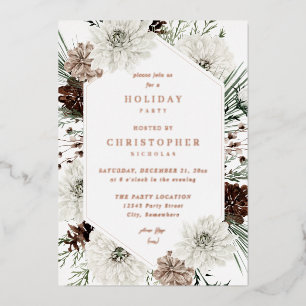 Invitation En Aluminium Fleurs blanches et pin de Noël ou de fête hivernal