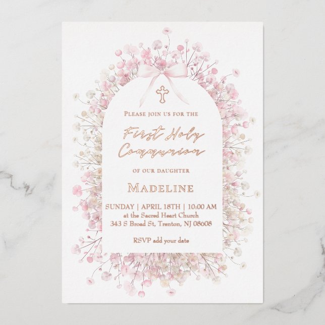 Invitation En Aluminium fleurs blanches roses Première Communion (Recto)