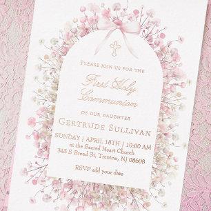 Invitation En Aluminium fleurs blanches roses Première Sainte Communion