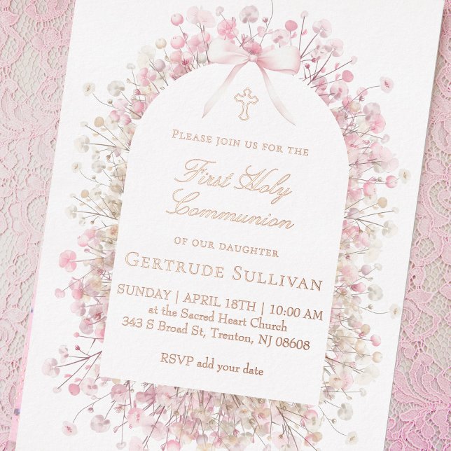 Invitation En Aluminium fleurs blanches roses | Première Sainte Communion (Créateur téléchargé)
