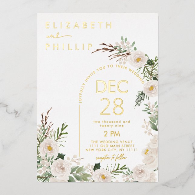 Invitation En Aluminium Fleurs blanches rustiques Mariage de verdure hiver (Recto)