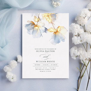 Invitation En Aluminium Fleurs bleu et or Dusty Mariage minimaliste