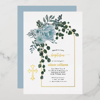 Invitation En Aluminium Fleurs bleues poussiéreuses et arche fleurie baptê