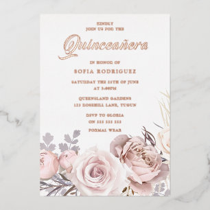 Invitation En Aluminium Fleurs Blush rose Gold Foil Quinceanera Party