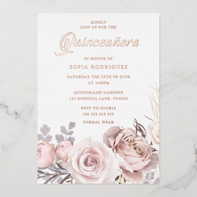 Invitation En Aluminium Fleurs Blush rose Gold Foil Quinceanera Party (Recto)