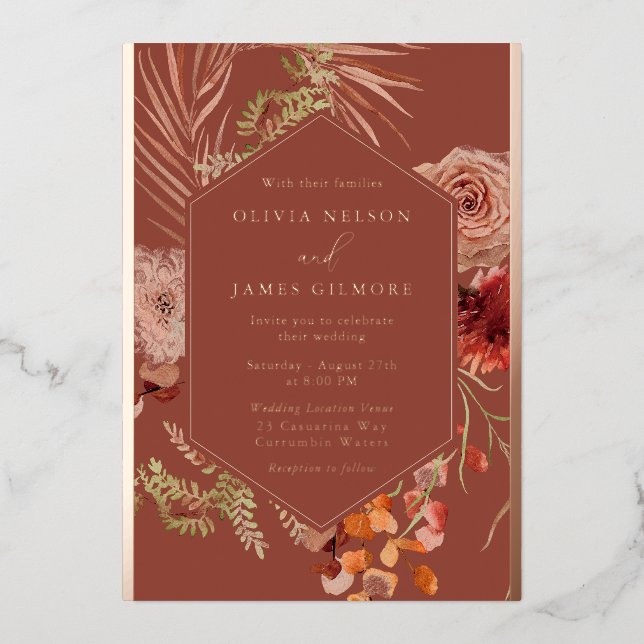 Invitation En Aluminium Fleurs Boho Rose Or Feuille Mariage  (Recto)