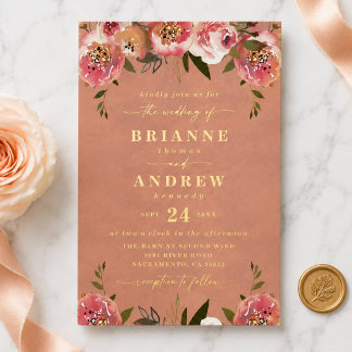 Invitation En Aluminium Fleurs Chic Rustique Mariage Photo Or Pêche