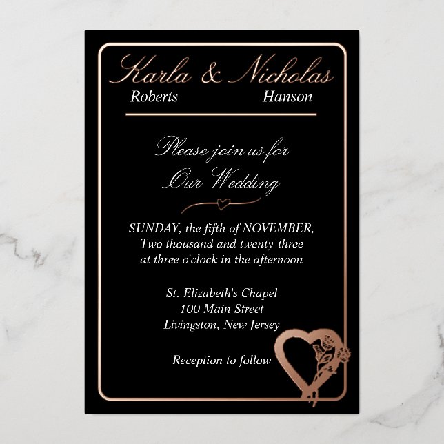 Invitation En Aluminium Fleurs Coeurs Et Roses, Élégant Mariage Noir (Recto)