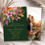 Invitation En Aluminium Fleurs colorées tropicales Mariage vert photo<br><div class="desc">La faire-part de mariage tropicale est parfaite pour les couples qui prévoient un mariage d'été, de plage ou de destination. Cette invitation présente un design d'aquarelle magnifique et dynamique avec des fleurs tropicales dans les tons rose et orange, qui rappelle un magnifique paradis insulaire. Parmi les fleurs de l'arrangement figurent...</div>