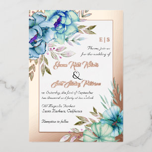 Invitation En Aluminium Fleurs d'aquarelle bleue mariage rose feuille d'or