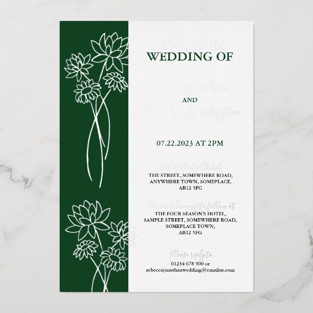 Invitation En Aluminium Fleurs d'argent Green Photo Mariage Foil Invitatio (Recto)