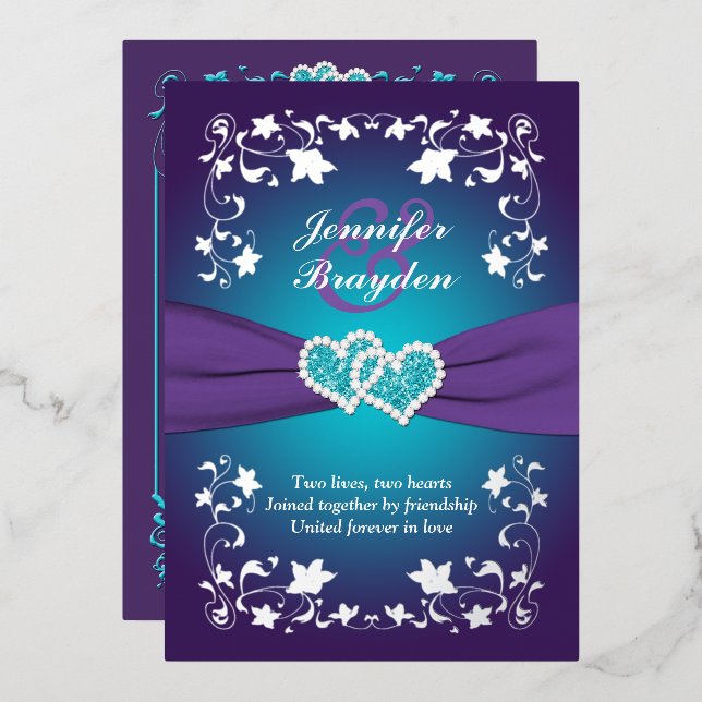 Invitation En Aluminium Fleurs d'argent, violet, cœurs joints de sarcelle  (Recto/Verso)