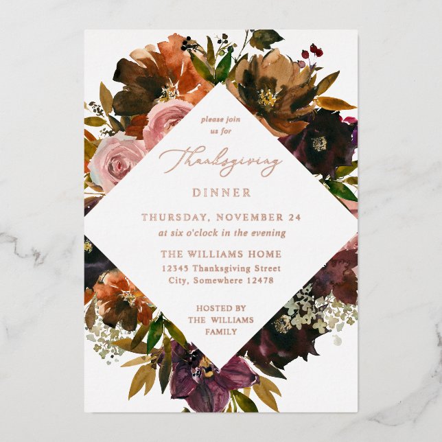 Invitation En Aluminium Fleurs d'automne de Thanksgiving en or rustique S2 (Recto)