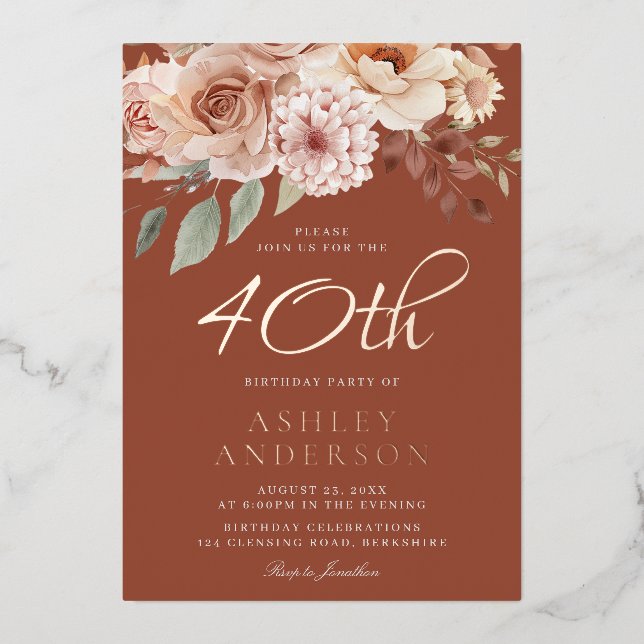 Invitation En Aluminium Fleurs de Bohême Rose Gold Foil 40e anniversaire (Recto)