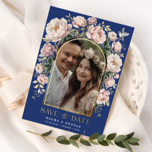 Invitation En Aluminium Fleurs de chinoiserie blush marine Photo Enregistr