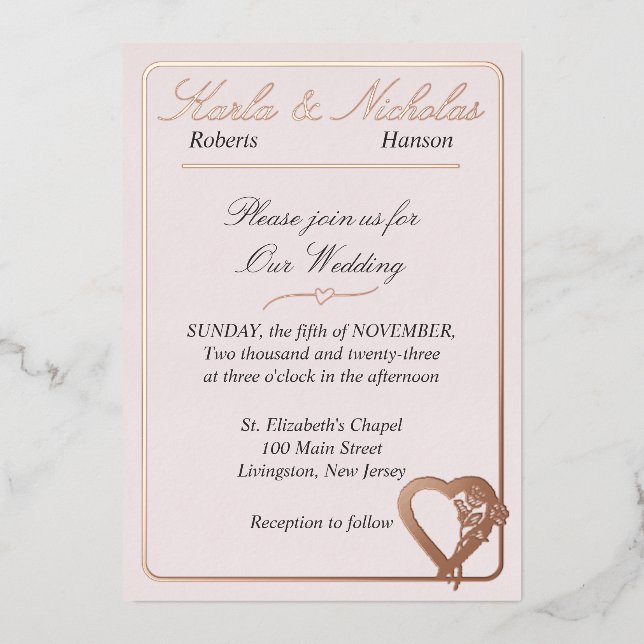 Invitation En Aluminium Fleurs de cœur et de rose, mariage rose blush (Recto)