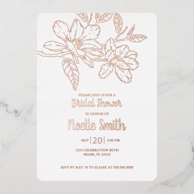 Invitation En Aluminium Fleurs de Magnolia Élégantes, Fête des mariées (Recto)