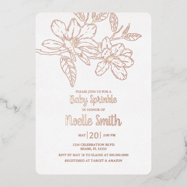 Invitation En Aluminium Fleurs de Magnolia Élégantes, Parsemer bébé (Recto)