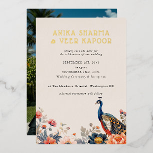 Invitation En Aluminium Fleurs de Paon Indien Photo Mariage Enregistrer la