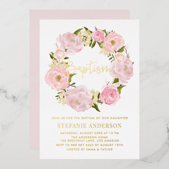 Invitation En Aluminium Fleurs de pivoine rose rousse Wreath Baby Girl Bap (Recto/Verso)