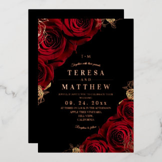 Invitation En Aluminium Fleurs de roses noires et rouges Feuille d'or Mari