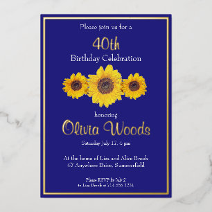 Invitation En Aluminium Fleurs de soleil en bleu - 40e anniversaire