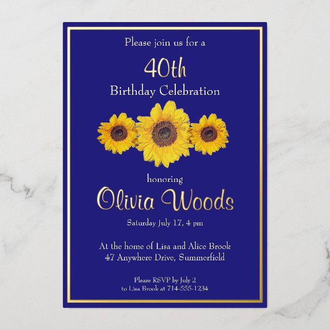 Invitation En Aluminium Fleurs de soleil en bleu - 40e anniversaire (Recto)