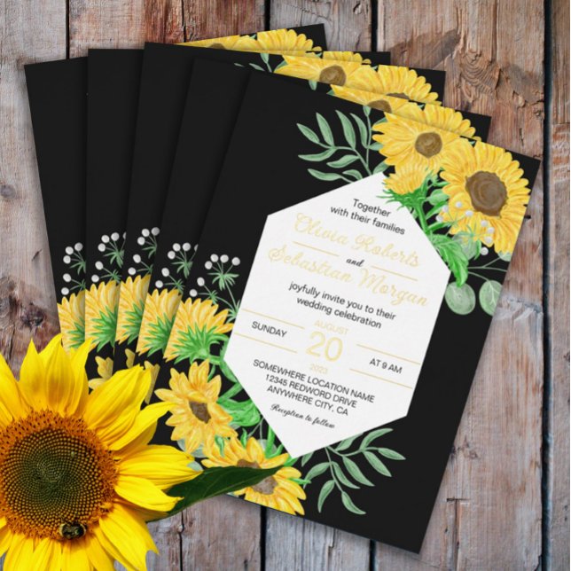 Invitation En Aluminium Fleurs de soleil jaune aquarelle sur or mariage no (Créateur téléchargé)