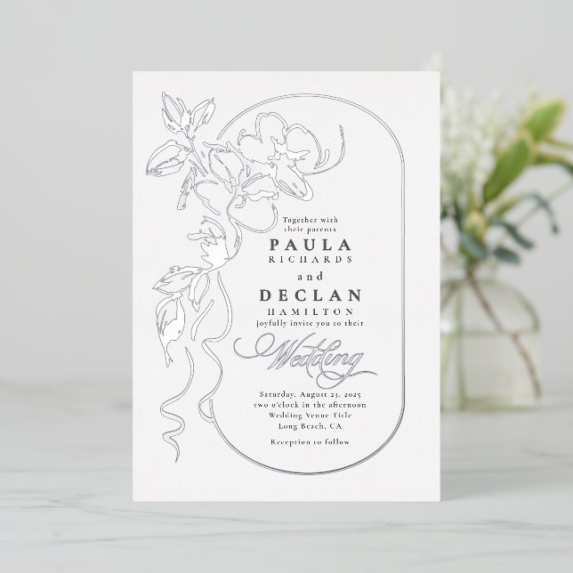 Invitation En Aluminium Fleurs Dessin Boho Mariage élégant Argent (Debout devant)