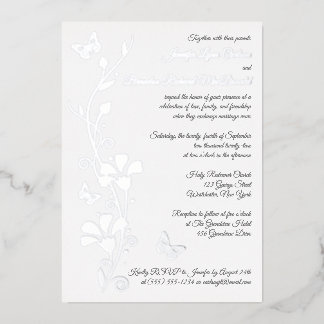 Invitation En Aluminium Fleurs d'huile d'argent et papillons de mariage In