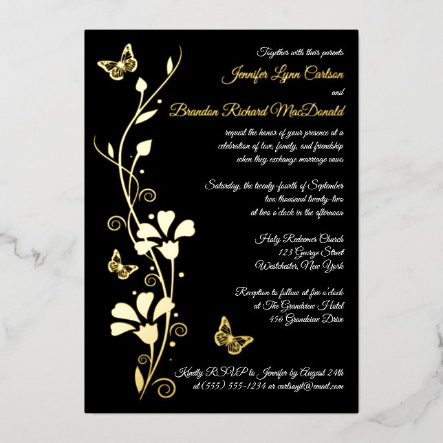 Invitation En Aluminium Fleurs d'huile d'or et papillons de mariage Invita (Recto)